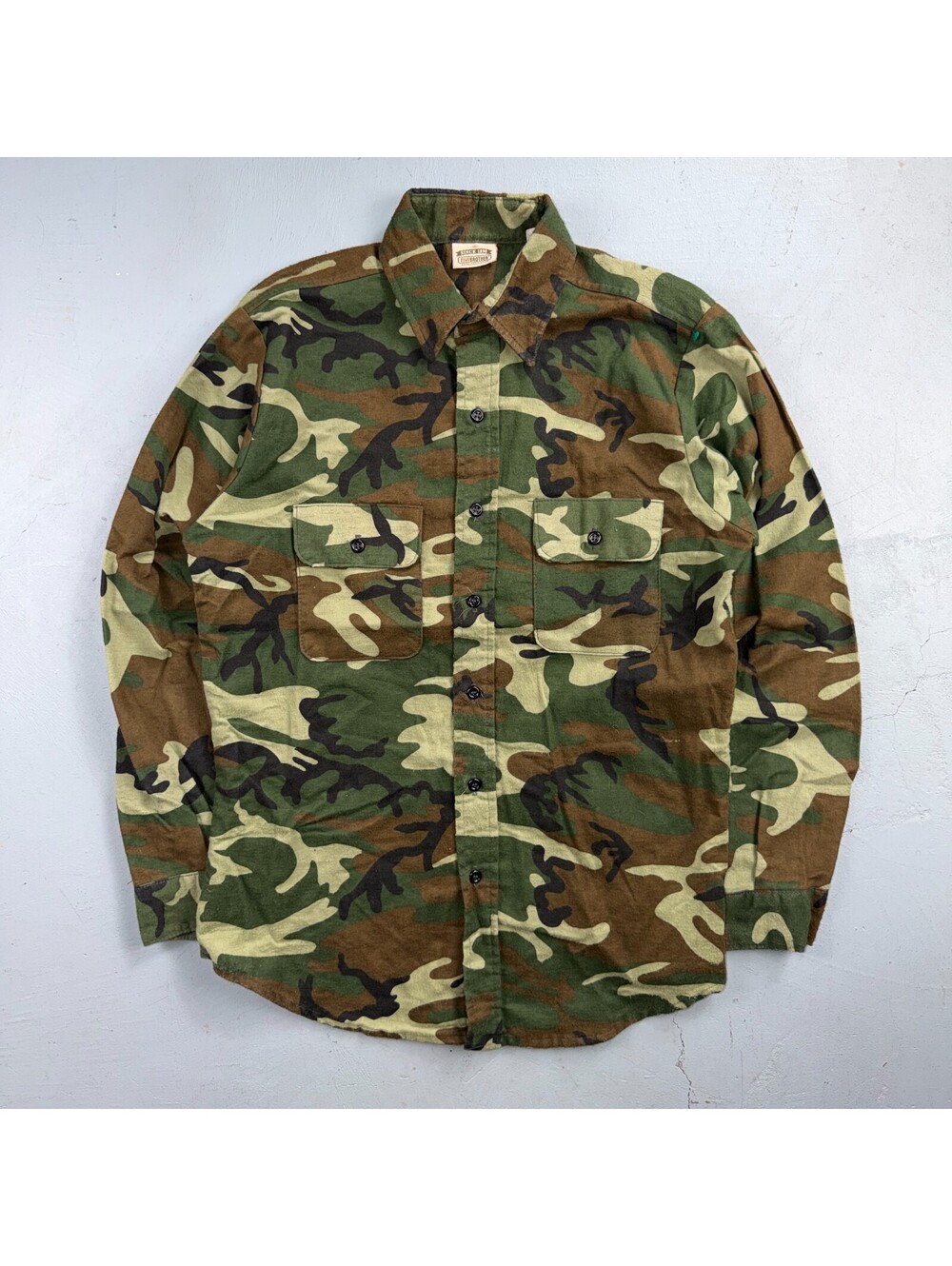 VTG 90s Five Brother Camo Flannel Shirt Cotton Poly Made USA Men's Medium